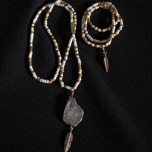 Bohemian Beaded Necklace with White Crystal Quartz Feather Pendant